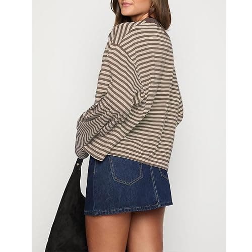 Y2k Womens Striped Cropped Shirt Drop Shoulder Long Sleeve Crewneck Sweatshirt Fairy Grunge Sweater Tops Streetwear thumbnail 2
