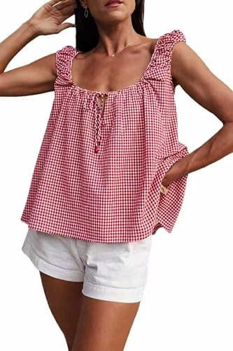 Dapoola Women Summer Tie Front Babydoll Square Neck Shirt Pleated Tank Top | Sleeveless Gingham Plaid Tank, Checkered Flowy Lightweight Blouse, A-line Loose Fit Daily Cami, Y2K Peplum Ruffled Top Tee - Image 1