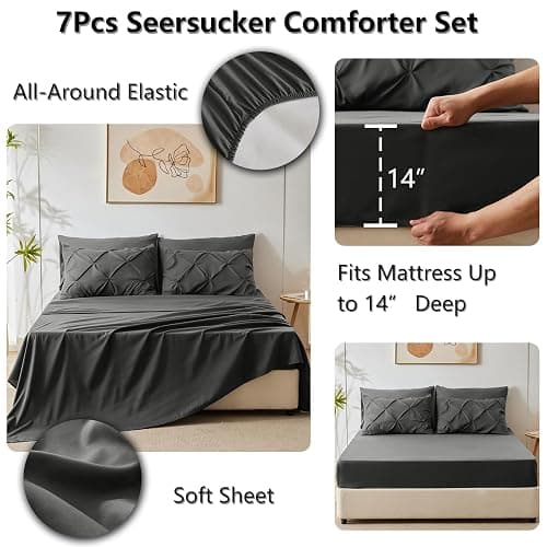 CozyLux Queen Comforter Set Dark Grey, 7 Pieces Pintuck Bed in A Bag, Premium Dark Gray Comforter Queen Size, Pinch Pleat Bedding Sets with Comforter, Sheets, Pillowcases & Shams thumbnail 6