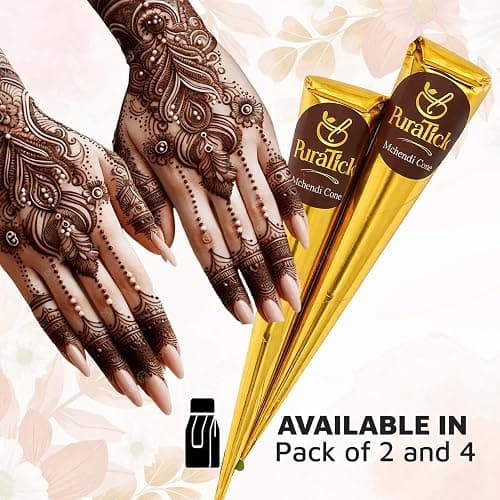 PuraTick 4 Pcs Henna Mehndi Cones Dark Brown Mehndi | All Natural Body Art Organic Herbal Temporary Tattoo | Ready to Use Henna | Pack of 4 thumbnail 3