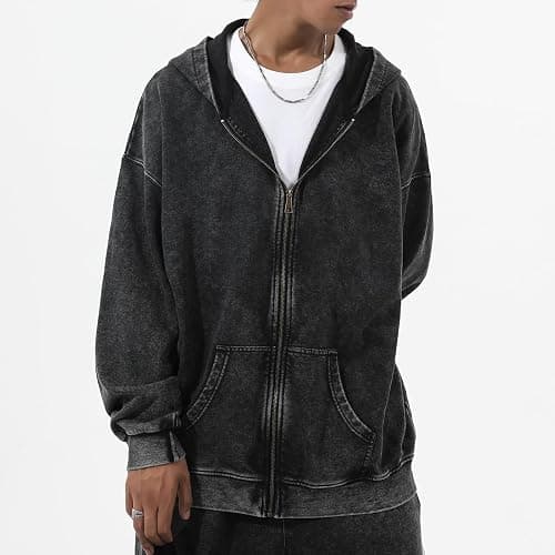 Bobeutou Mens Zip Up Acid Wash Hoodie Vintage Oversized Casual Fall Jacket Cotton Hooded Sweatshirts with Pockets Streetwear thumbnail 3