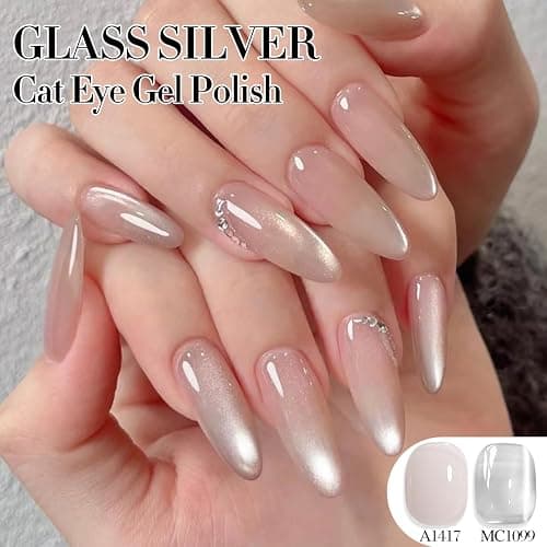 Double Rhythm 0.5 OZ Cat Eye Gel Polish with Magnet 15ML Holographic Glitter Shimmer Translucent Jelly Color Magnetic Nail Polish Salon DIY at Home (Clear Silver-B-MC1099) thumbnail 2