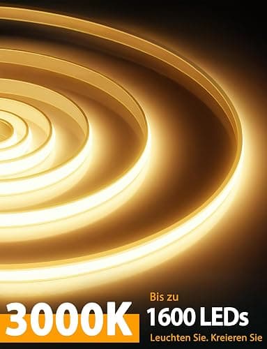 Lamomo COB LED Streifen, Warmweiss Dimmbar 5M LED Strip, Wasserdicht 3000K Neon Led Leiste mit Fernbedienung, 10mm Breit, Silikon Flexibel Lichtleiste für Schlafzimmer Innen Außen Küche Deko, CRI90+ thumbnail 3