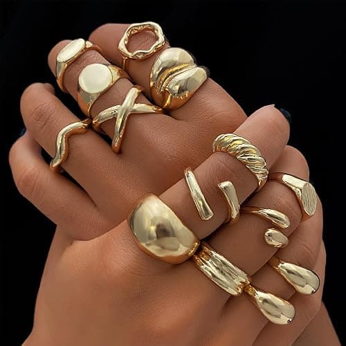 IFKM Gold Chunky Rings Set for Women 14k Gold Plated Thick Dome Stackable Open Rings Trendy Dainty Minimalist Jewelry Gifts - Gold - Flatbed wide format thumbnail 4