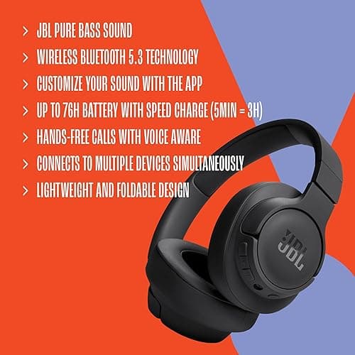 JBL Tune 720BT - Wireless Over-Ear Headphones with JBL Pure Bass Sound, Bluetooth 5.3, Up to 76H Battery Life and Speed Charge, Lightweight, Comfortable and Foldable Design (Black) thumbnail 8