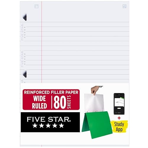 Five Star Loose Leaf Paper + Study App, Wide Ruled Filler Notebook Paper, Reinforced, Fights Ink Bleed, 8" x 10-1/2", 80 Sheets (150002) - Image 1