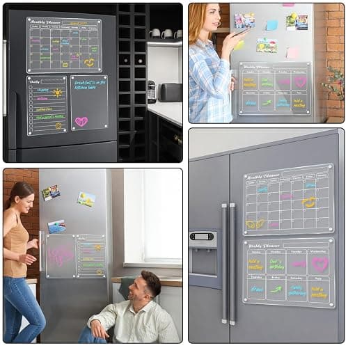 Planning Pads 4Pcs Fridge Calendars 2025 Acrylic Magnetic Calendar for Refrigerator Fridge White Board Calendar Chalk Dry Erase Magnets Chalkboard Monthly Weekly Planner with 6 Highlight Markers - MTH+WK+DLY+MEMO thumbnail 3