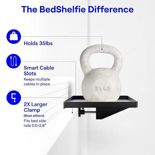 BedShelfie Clip-On Nightstand for Bunk & Loft Beds - Bedside Shelf with Cable Catch, Snack Organizer, Black - Black - CableCatch (Hard Plastic 12.5 x 9.25 inches) thumbnail 4