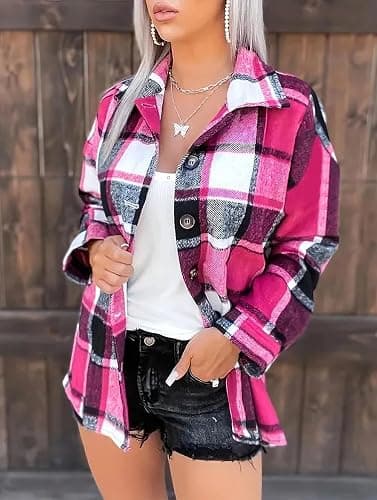 Zeagoo Women Flannel Shacket Jacket Plaid Button Down Long Sleeve Shirt Fall Outfits 2025 thumbnail 2