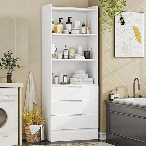 DICTAC 73.23'' Tall Storage Cabinet Bookcase with 3 Drawers and 3-Tier Open Shelves Wooden Bookshelf Kitchen Pantry Storage Organizer Cabinets for Living Room, Study, Kitchen,Bathroom,White thumbnail 5