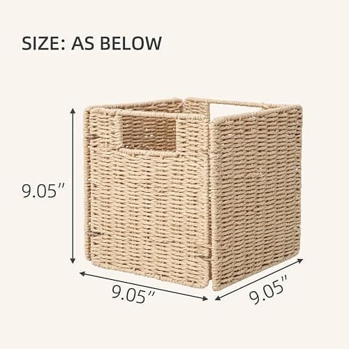 YAHUAN Foldable Paper Rope Storage Cubes 9X9 Hand Woven Wicker Storage Bins Square Basket Storage Baskets for Shelves (Paper rope 2-pack) thumbnail 3