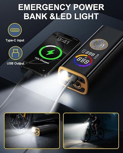 Tire Inflator Portable Air Compressor, 150 PSI Cordless Air Pump for Car Tires with Auto Shut-Off, LED Light and Digital Pressure Gauge, Electric Bike Tire Pump for Cars, Bike, Motorcycle, Ball thumbnail 7
