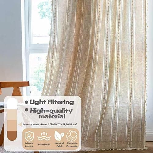 Sutuo Home Boho Curtain for Bedroom Living Room 84 Inches Length, Light Filtering French Country Farmhouse Vintage Chic Tassels Hollow Window Treatment Bohemian Drape, 1 Panel 52" W x 84" L Natural thumbnail 2