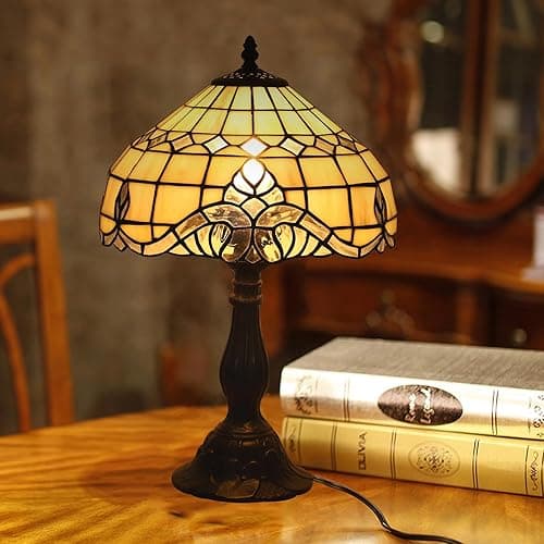 FUMAT Tiffany Vintage Table Lamp,Pink Baroque Stained Glass Vintage Lamps,Bedside Nightstand Lamps for Bedroom,Living Room,Home Office Desk Lamp,LED 3 Color Temperatures Bulb,12X12X19Inch thumbnail 5