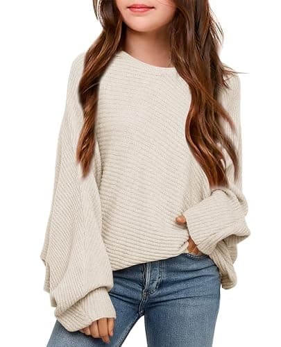 Mafulus Girl's Oversized Crewneck Fall Sweaters Kids Batwing Long Sleeve Slouchy Chunky Cute Pullover Jumper Shirts 5-14T - Image 1