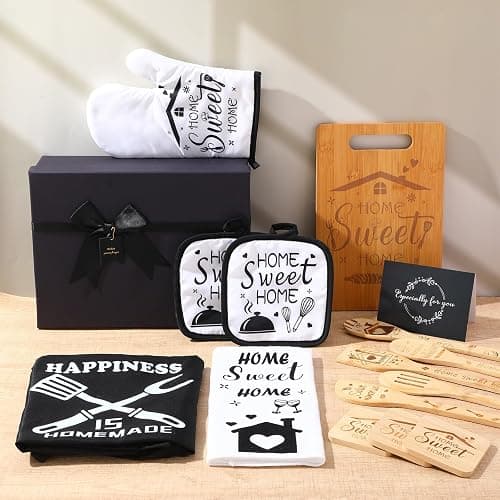 Patelai 17 Pcs House Warming Gifts New Home, Housewarming Gift Basket for New Homeowner Sweet Couples Home Supplies Include Apron Bamboo Spoons Cutting Board Gloves Cards with Black Present Box thumbnail 7