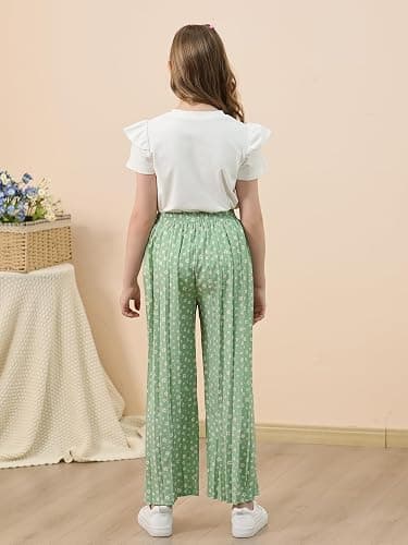 GORLYA Girls Clothing Sets Ruffle Trim Short Sleeve Tops Casual Printed Pleated Wide Leg Pants 2 PCS Outfit Suits 6-14Y thumbnail 2