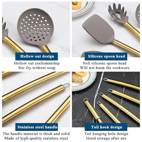 Gold Kitchen Utensils Set, Kyraton 38 Pieces Non-Stick Silicone Cooking Utensils Set, Spoon Spatula Set with Sturdy Stainless Steel Utensil Holder, Dishwasher Safe thumbnail 9