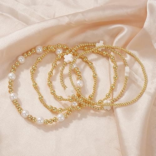 SHINUS BOHO 5Pcs Gold Plated Cross Beaded Bracelets Stack Set for Women,Stretch Stackable Boho Colorful Beads Ball Jewelry Friendship Summer Daily Wear Trendy thumbnail 5