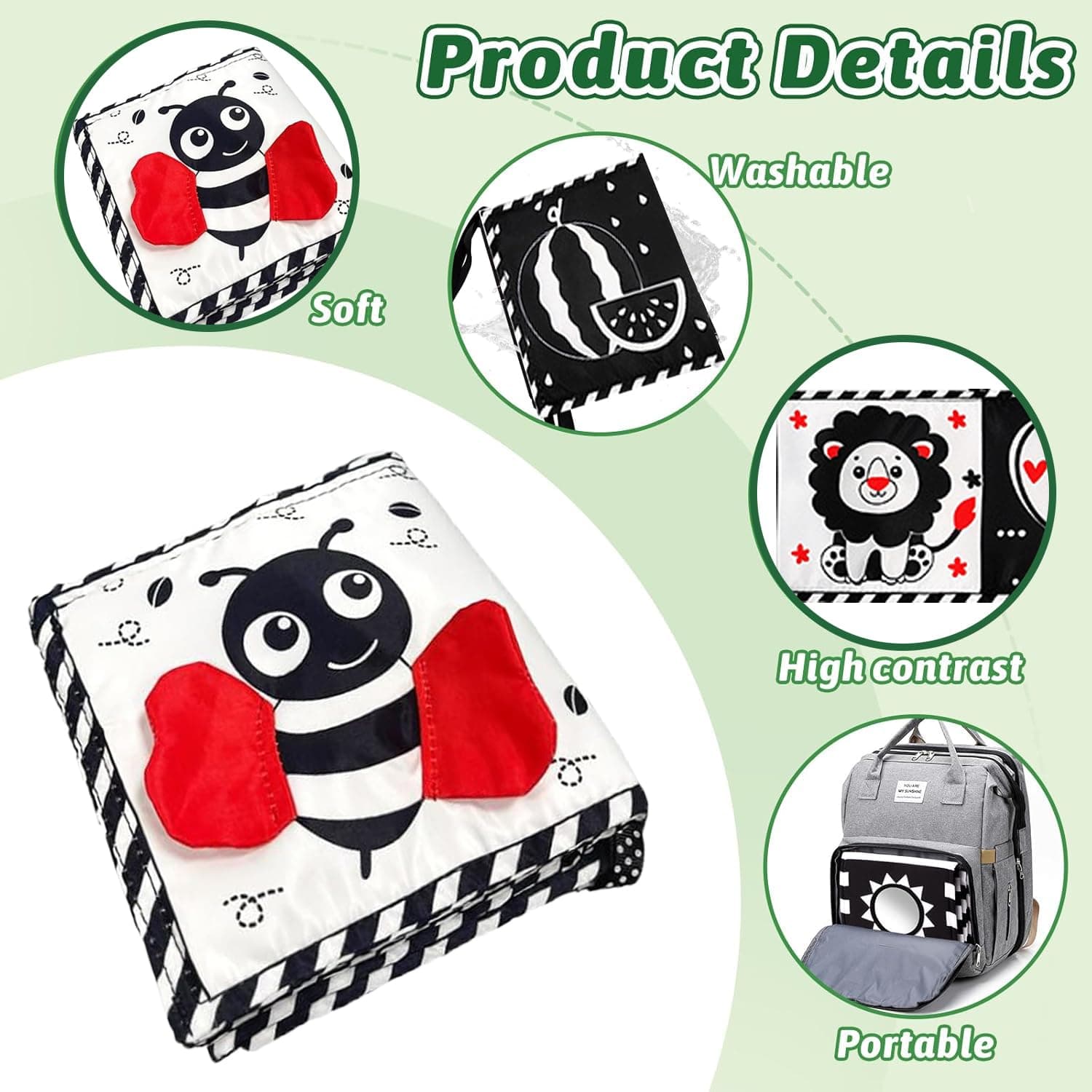 Black and White High Contrast Baby Toys 0-6 6-12 Months Soft Book for Newborn Brain Development Tummy Time Toys Infant Sensory Crinkle Toys 0-3 3-6 Month Montessori Learning Activities for Babies thumbnail 4