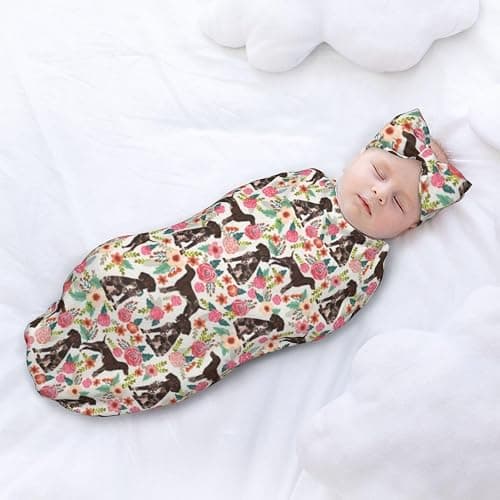 German Shorthaired Pointer Dogs Flower Floral Newborn Swaddle Blanket with Headband Set Soft Nursery Shower Gift Set for Unisex Baby thumbnail 5