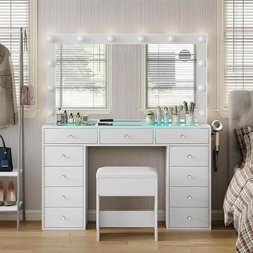 Vanity Desk with Mirror, Makeup Table with Power Outlet and 11 Lights, Set 3 Lighting with RGB Drawers, Vanity Table with 11 Drawers and Cushioned Stool for Bedroom, Dressing Room (White) thumbnail 8