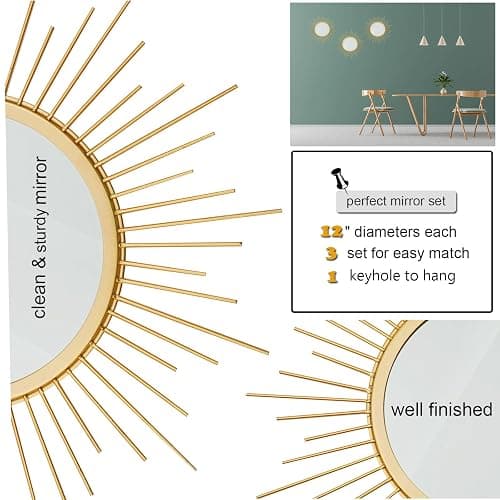 Cityelf 3 Set Gold Sunburst Mirrors for Wall Decorative Metal Mirrors Small Mirror Sets Decor Hanging Mirror Wall Sculpture for Bedroom Living Room Entryway thumbnail 4