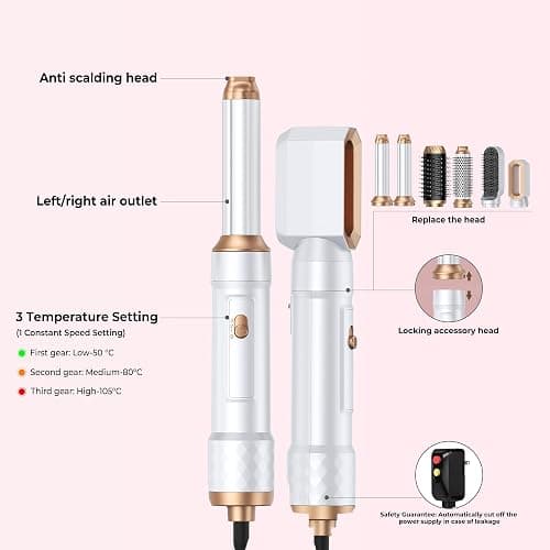 6 in 1 Air Styler Magic Hair Dryer Brush, Negative Ionic Blow Dryer Brush & 3 Heat Settings, Detachable Auto Curling & Straightening Volumizing, Frizz-Free Styling, Salon to Home Use (White-Pink) thumbnail 9