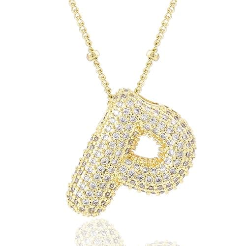 CCINPPY Letter Necklace, 14k Gold Plated Bubble Balloon Dainty Necklace for Women, Chunky Initial Charm Pendant Name Necklace Personalized - Letter P - Gold - Image 1