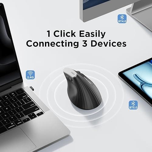 Uineer Wireless Ergonomic Mouse, Bluetooth Mice (BT4.0/5.0 and 2.4G) Rechargeable Vertical Mouse, Multi Device Connection, 6 Button Quiet Clicks, 4 DPI Optical Computer Mouse for Laptop, PC, Black thumbnail 7