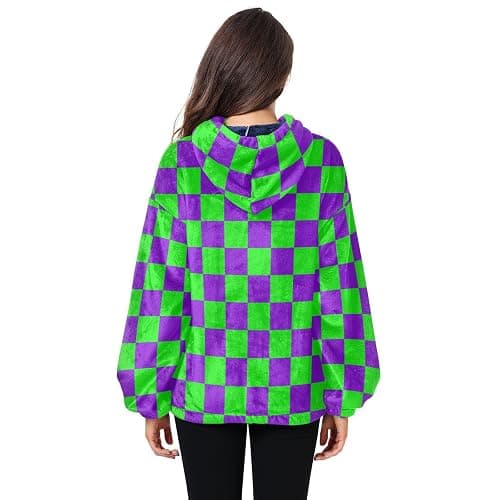 UMIRIKO Purple and Green Buffalo Checkered Womens Sweatshirts Fuzzy Fleece Hoodies Fluffy Coat Zipper Pullover with Pockets S thumbnail 2