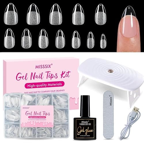 Misssix Short Almond Gel Nail Tips Kit, 360Pcs Pre Etched Clear gel x Fake Nails, Full Cover False Nail 9-in-1 Gel Glue and Portable Mini U V Nail Lamp for Women 12 Sizes - Image 1
