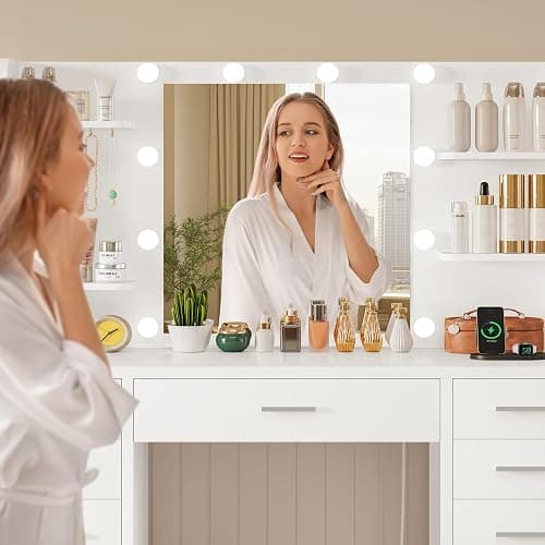 FIONESO Large Vanity Desk with Mirror and Lights, Makeup Vanity with 11 Drawers & 6 Open Shelves, 3 Lighting Modes, Brightness Adjustable, Vanity for Girls, White thumbnail 5