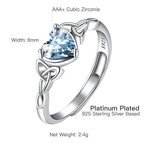 925 Sterling Silver Good Luck Celtic Twisted Knot/Claddagh Heart Birthstone Ring, Thin Delicate Adjustable Promise Engagement Ring Irish Jewelry for Women - style a. 03. March(Aquamarine) thumbnail 7