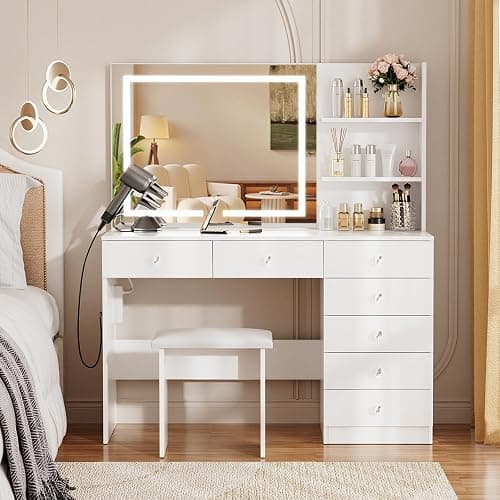 VOWNER Vanity with Lighted Mirror - 47" Makeup Vanity Desk with 7 Drawers, 3 Storage Shelves and Outlet, 3 Color Lighting Modes with Adjustable Brightness, Makeup Desk with Stool for Bedroom (White) thumbnail 8