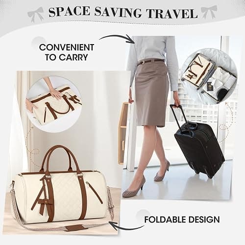 RAINSMORE Garment Bags for Travel Women Leather Convertible Garment Duffle Bag With Shoe Pouch,Large Carry On Garment Bag Dress Suit Business Travel Bags Beige thumbnail 7