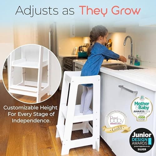 KRISTEN, JD + JACK: Stepup Baby Toddler Step Stool - Adjustable Height Kids Helper Step Stool, Durable, Non-Slip Platform for Bathroom Sink & Kitchen Counter, Toddler Tower for Exploration and Growth - White thumbnail 7