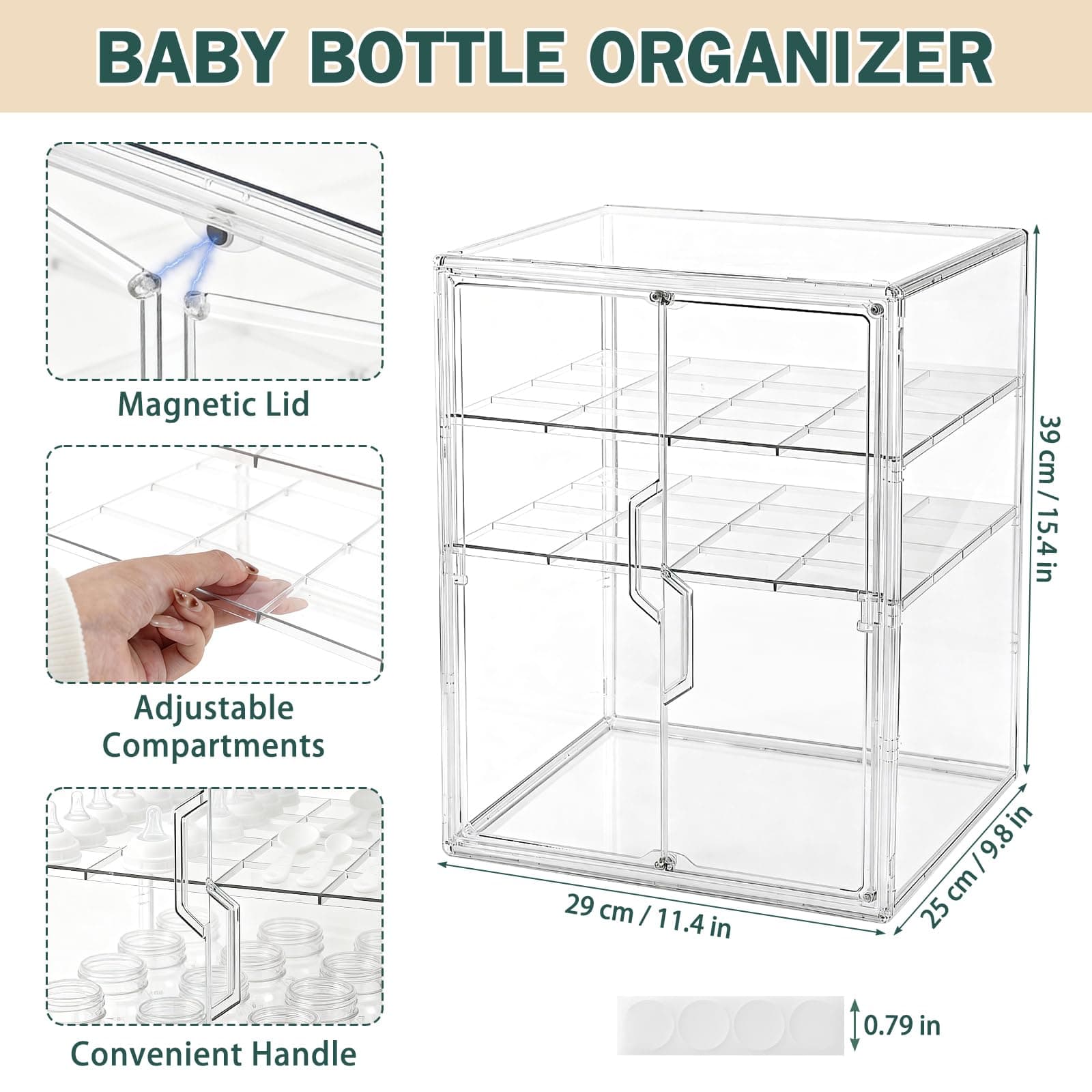 Organizador de biberones, almacenamiento de botellas de 3 niveles para encimera con puertas magnéticas dobles, organizador de estación de botellas de plástico transparente con 2 divisores ajustables thumbnail 2