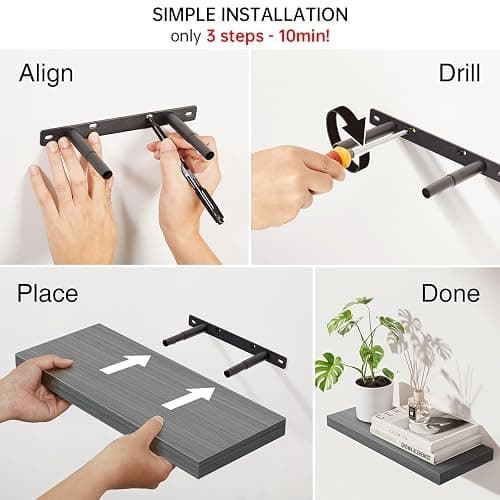 BAYKA Grey Floating Shelves for Wall, Wall Mounted Rustic Wood Shelves for Bathroom, Bedroom, Living Room, Kitchen,Small Hanging Shelf for Books/Storage/Room Decor (Set of 3, 15.7in) thumbnail 9