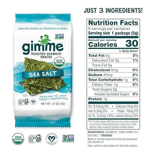 Gimme Seaweed Organic Premium Roasted Seaweed Snacks, Sea Salt, 6 Count, Keto, Vegan, Gluten-Free, Great Source of Omega3s and Iodine, Healthy On-The-Go Snack for Kids and Adults thumbnail 6