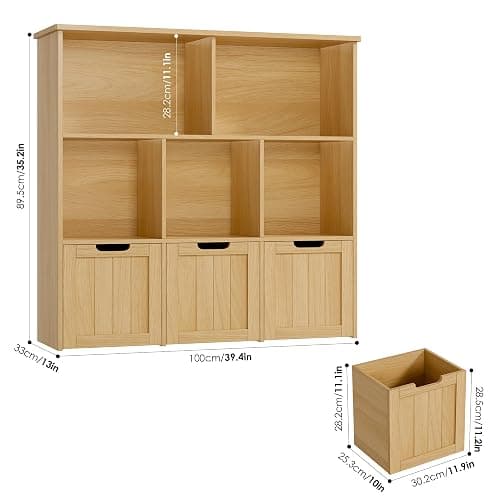 FOTOSOK Toy Storage Organizer with 3 Movable Drawers, Floor Storage Cabinet Toy Chest with Hidden Wheels and 5 Storage Cubbies, Multifunctional Storage Chest for Playroom, Natural thumbnail 2