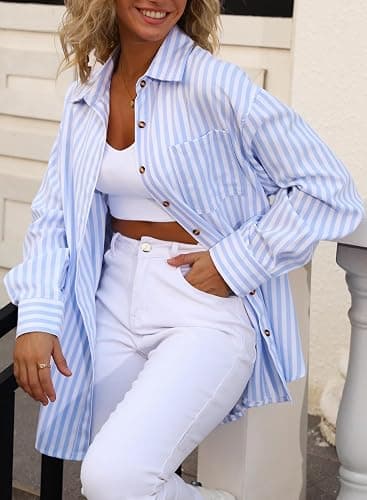 Women's Striped Button Down Long Sleeve Blouse thumbnail 7