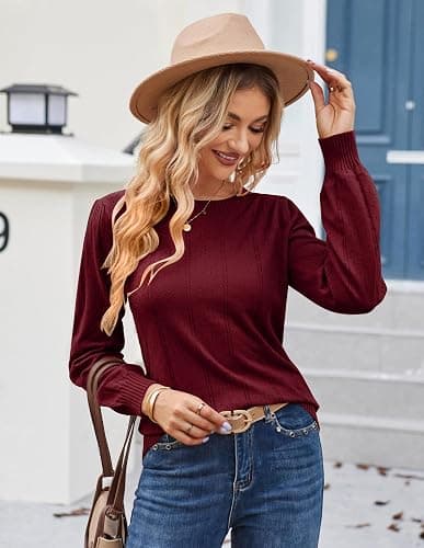 GRACE KARIN Women's Long Lantern Sleeve Crew Neck Crochet Top Hollow Out Fall Pullover Sweater thumbnail 2