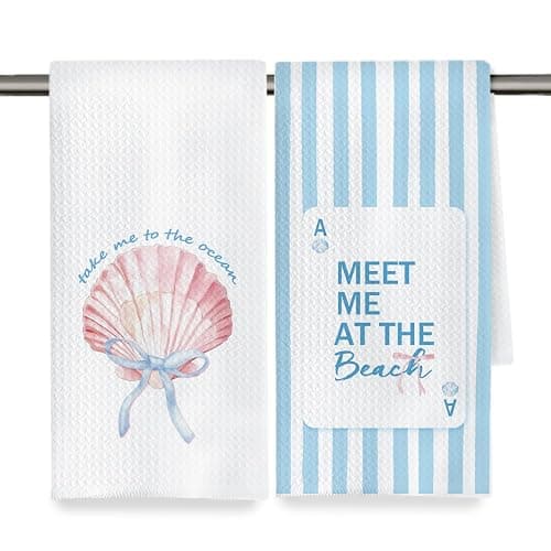 Fyecoluo Pink and Blue Beach Seashell Kitchen Towels Decorative, Preppy Coastal Ocean Striped Dish Hand Tea Towels, Coastal Beach Kitchen Bathroom Decor, 16x24 Inch Set of 2 - Image 1