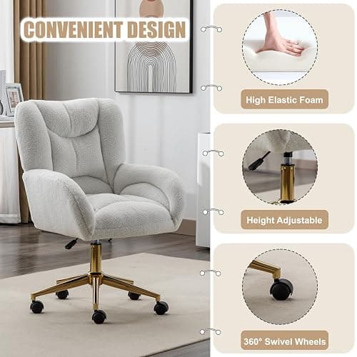 Anewome Swivel Office Desk Chair with Wheels Upholstered Sherpa Desk Modern Armchair Height Adjustable Computer Task Chair Boucle Makeup Vanity Desk with Gold Metal Frame, 38.2" H White thumbnail 5
