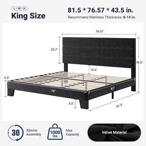 Allewie King Size Platform Bed Frame with Velvet Upholstered Headboard | Wooden Slats Support, Fully Upholstered Mattress Foundation, No Box Spring Needed, Easy Assembly, Noise-Free, Black thumbnail 2