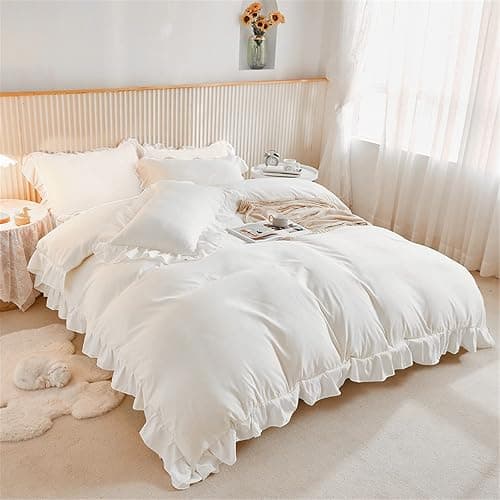 3 Pieces White Ruffle Bedding Set with 2 Pillowcase Frills Duvet Cover with Zipper Closure Soft Microfiber Duvet Cover Set King 220x230 cm - White - King Size 220 x 230 cm thumbnail 2