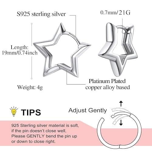 FindChic Hypoallergenic Small Star/Heart/Spike/Square Huggie Earrings for Women 14K Gold/Platinum Plated Cute Hoop Earrings Jewelry Gift for Her, with Gift Box thumbnail 5