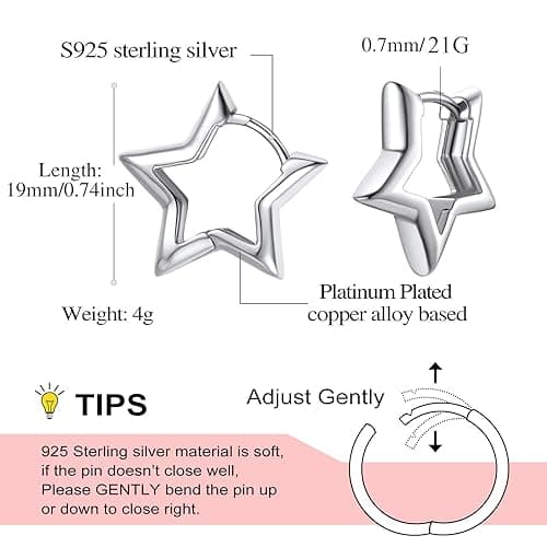 FindChic Hypoallergenic Small Star/Heart/Spike/Square Huggie Earrings for Women 18K Gold/Platinum Plated Cute Studs Earrings Jewelry Gift for Her, with Gift Box - 2. star (platinum plated) thumbnail 5