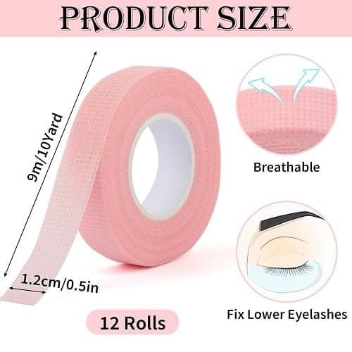 BEVTEE 12 Rolls Lash Tape, Self-Adhesive Eyelash Tape for Eyelash Extensions, Soft and Breathable Micropore Eyelash Extension Tape Supplies for Lash Clusters Eyeshadow Makeup, 9m/10yard Pink thumbnail 2
